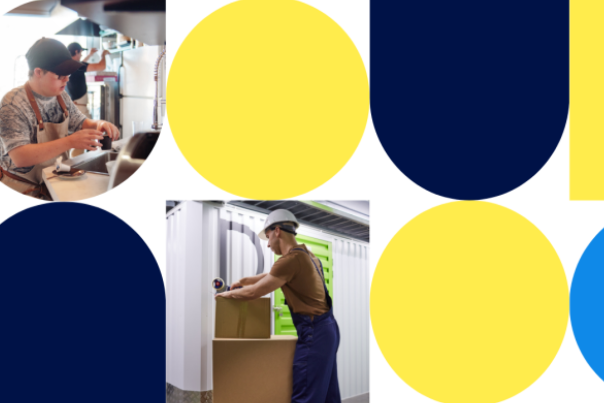 Collage of two circular photos, one of a young man working in a café kitchen and one of a worker in a hard hat taping a cardboard box, arranged among navy and yellow decorative circles.